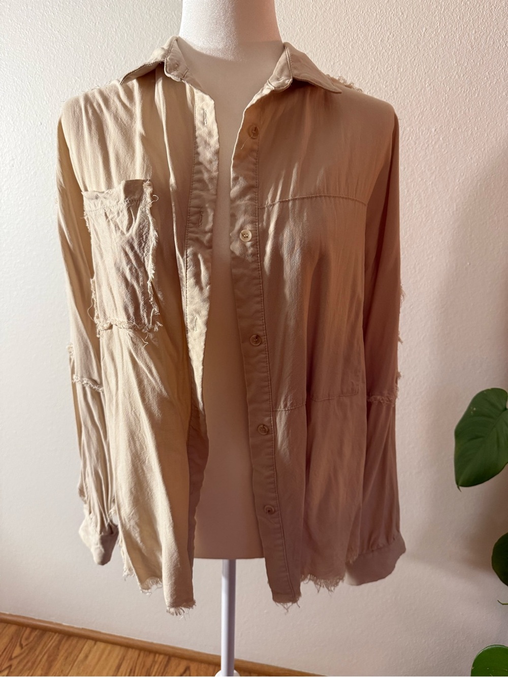 Light Beige Distressed Button-Up Shacket